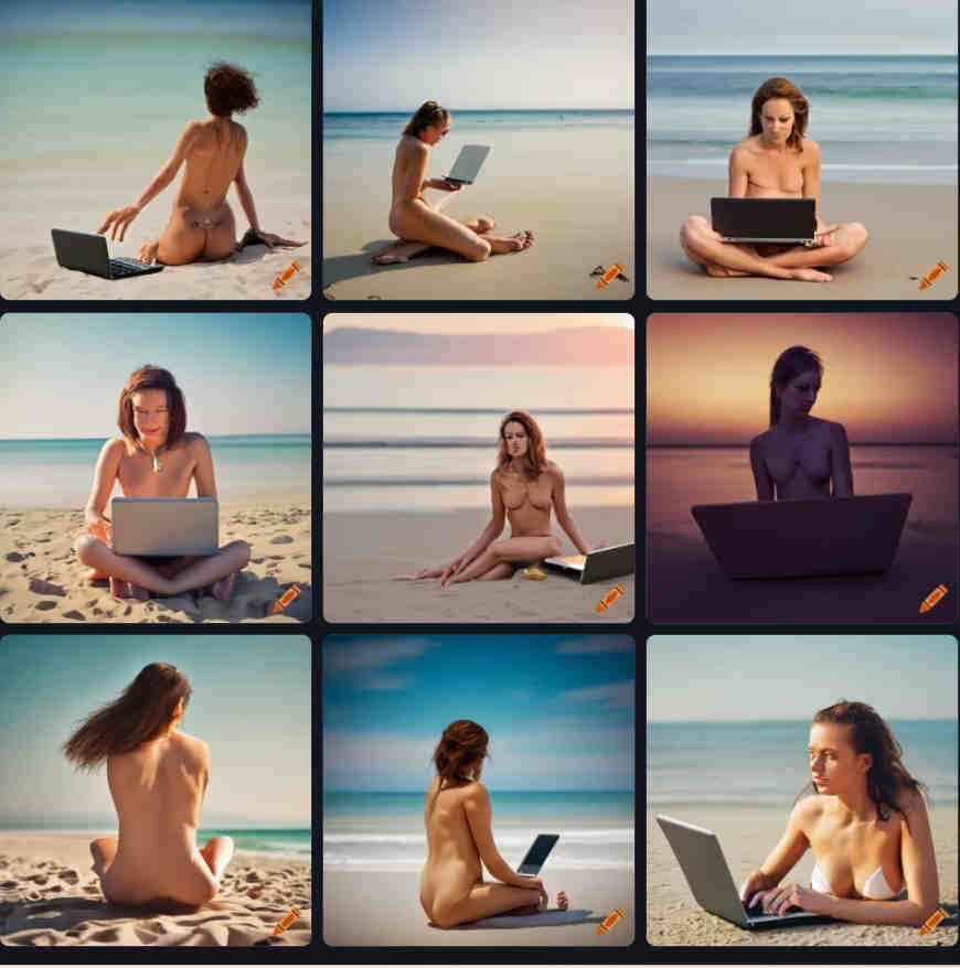 Craiyon naked woman on beach with laptop