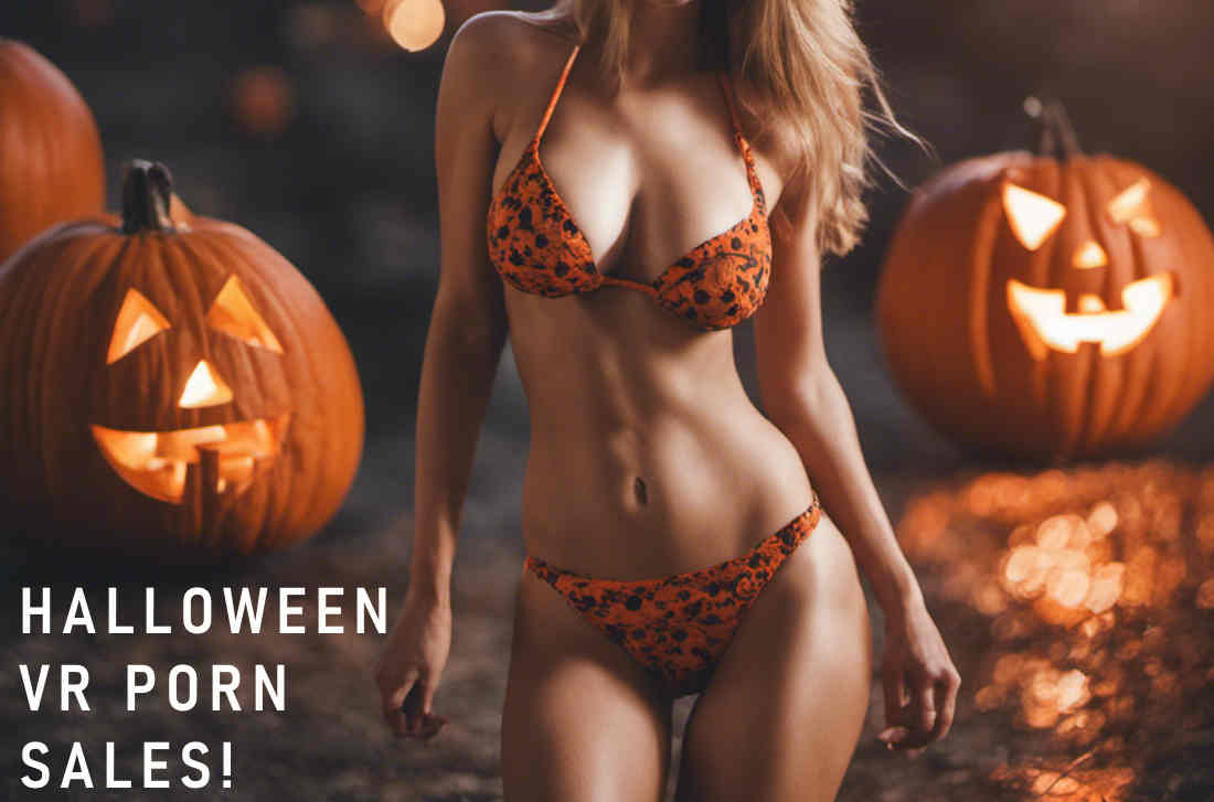 Bikini woman with jack o lantern Halloween pumpkins